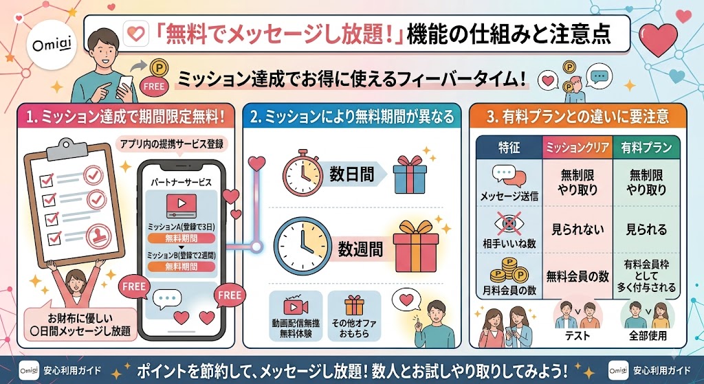 Omiaiの無料メッセージ機能の仕組みと注意点を解説した図解(AI生成イメージ)