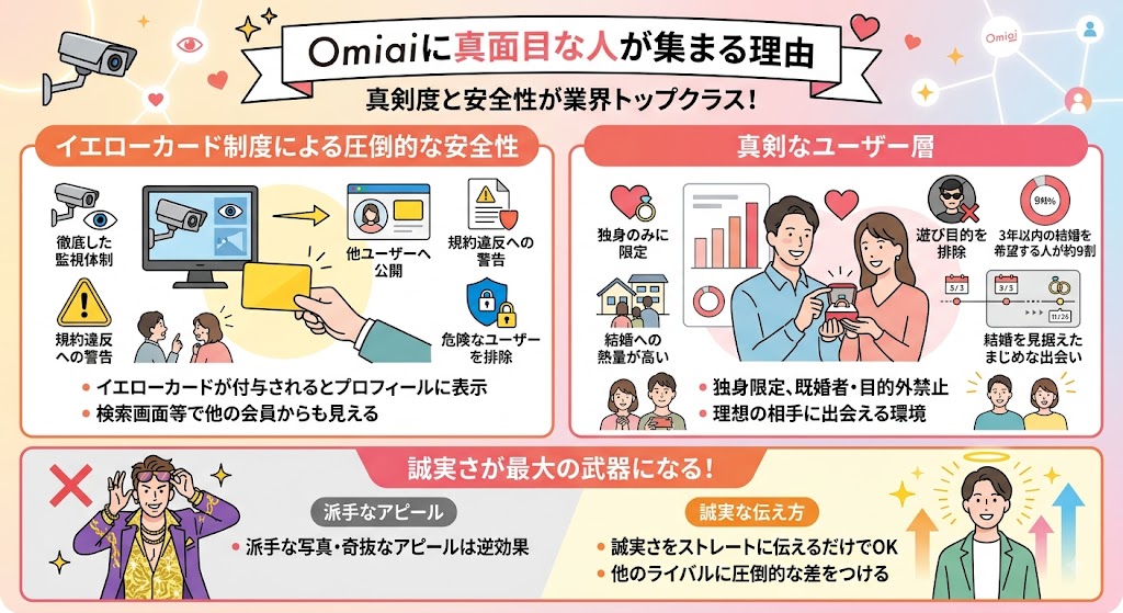 Omiaiに真面目な人が集まる理由。安全性と真剣さを説明するインフォグラフィック(AI生成イメージ)