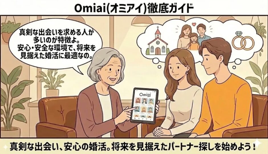 「Omiai（オミアイ）徹底ガイド」という見出しと共に、結婚式や温かい家庭のイメージで『将来を見据えた真剣な婚活』を強調し、相談員が男女にアプリを紹介しているイラスト（AI生成イメージ）
