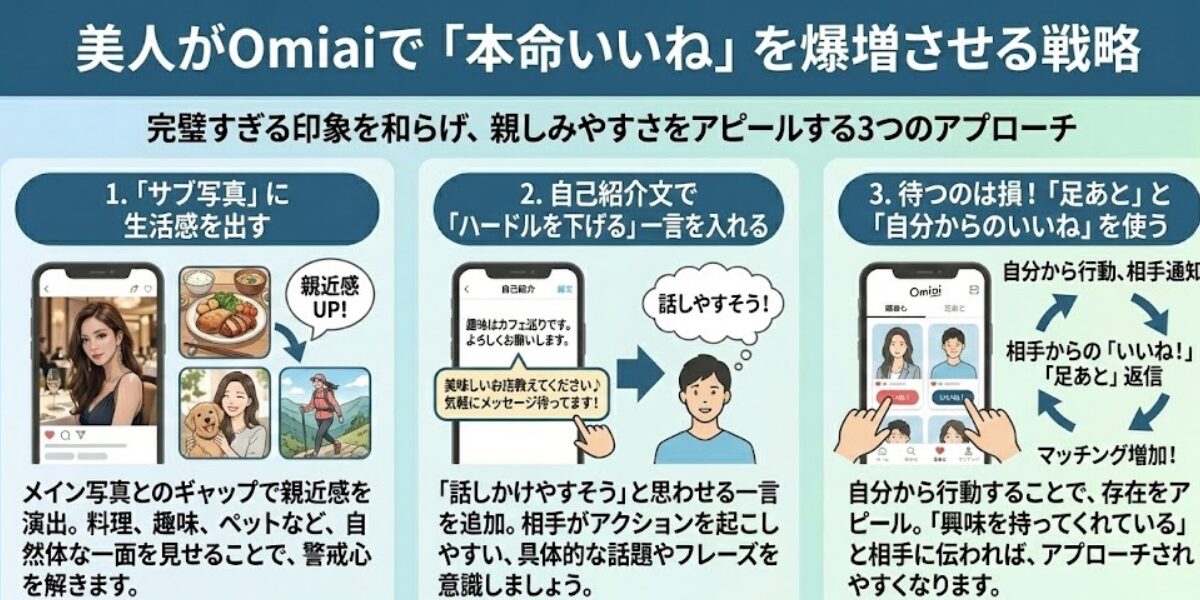 Omiaiで美人女性がいいねを爆増させる戦略を説明した図解