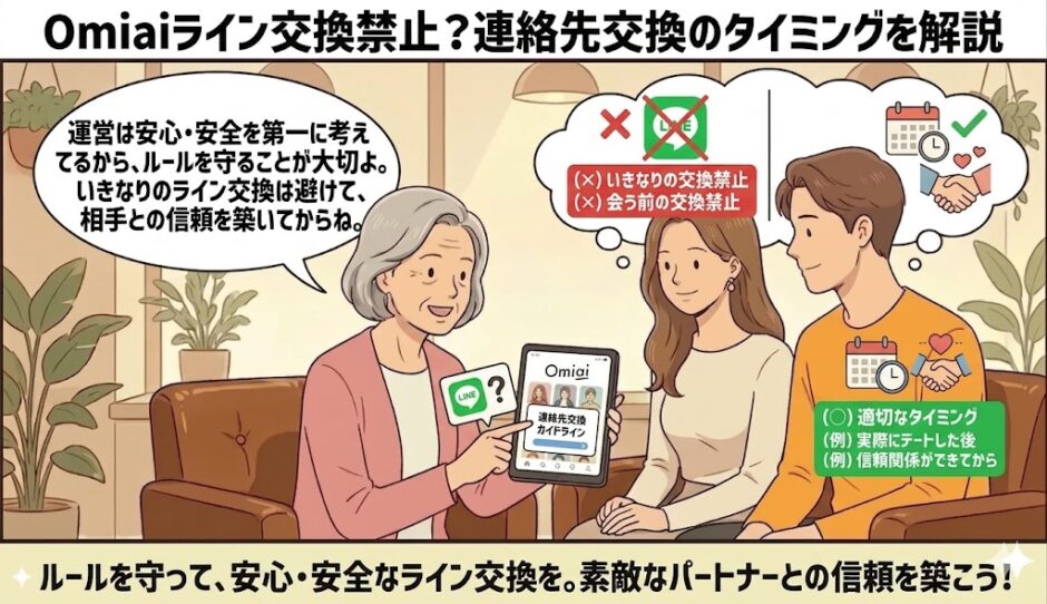 Omiai（オミアイ）で連絡先交換の適切なタイミングを解説するイラスト（AI生成イメージ）