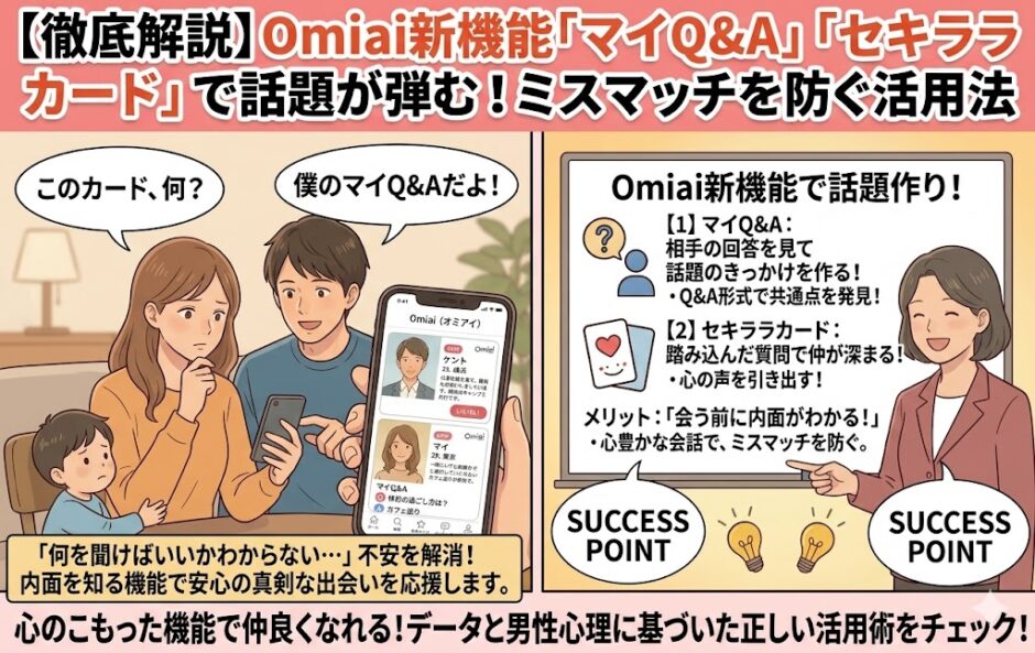Omiaiの新機能「マイQ&A」と「セキララカード」の特徴と、話題が弾むメリットを解説したアイキャッチ画像（AI生成イメージ）