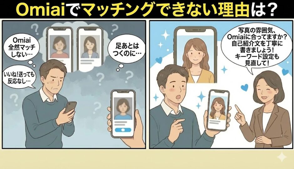 Omiaiでマッチングできない理由と解決策を解説するイラスト（AI生成イメージ）