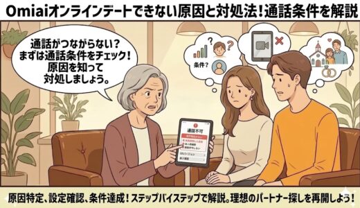 Omiaiでオンラインデートができない原因と対処法を説明しているイラスト（AI生成イメージ）