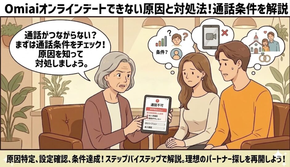 Omiaiでオンラインデートができない原因と対処法を説明しているイラスト（AI生成イメージ）