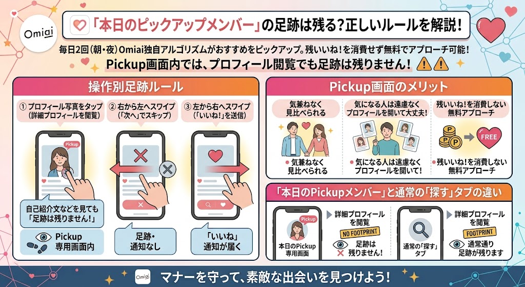 Omiai「本日のピックアップメンバー」の足跡ルール図解（AI生成イメージ）