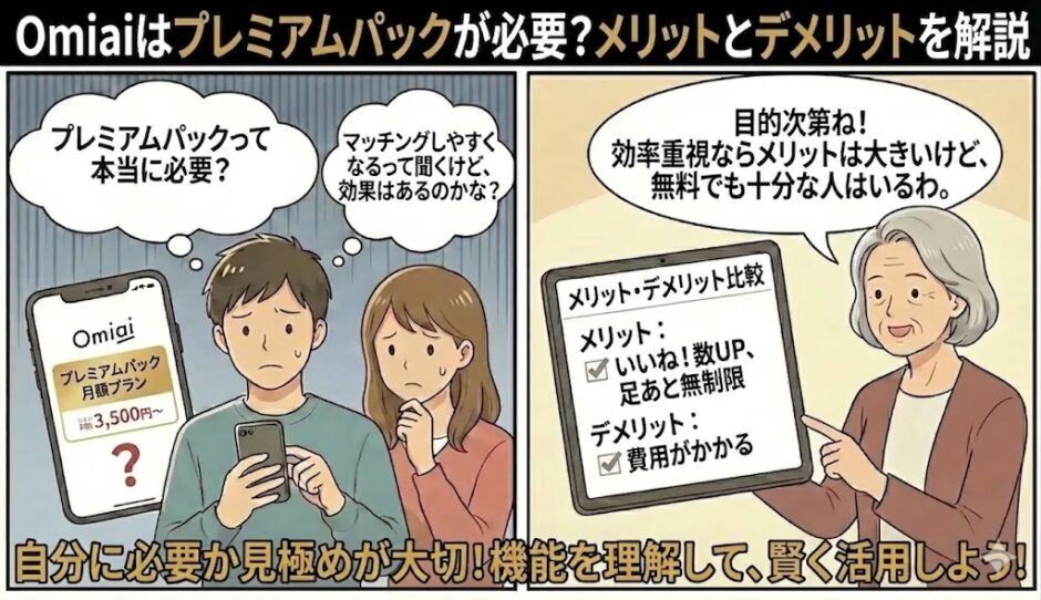 Omiaiのプレミアムパックは本当に必要？メリットとデメリットを分かりやすく比較した解説イラスト（AI生成イメージ）