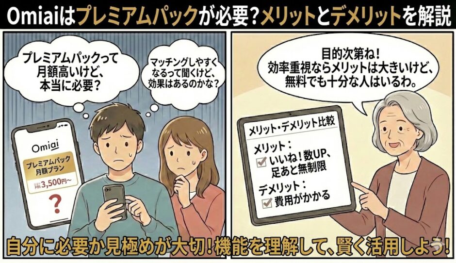 Omiaiのプレミアムパックの必要性を、メリット（いいね！数UPなど）とデメリット（費用）を比較して解説するマンガ風アイキャッチ（AI生成イメージ）