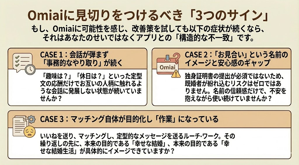 Omiaiに見切りをつけるべき3つのサインの図解。会話が事務的で弾まない、名前のイメージだけで安心しきっている、マッチング自体が作業化しているといった、アプリとの構造的な不一致を示すチェックリスト。（AI生成イメージ）