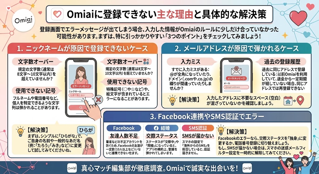 マッチングアプリOmiai（オミアイ）の登録エラー理由と具体的な解決策を解説するインフォグラフィック（AI生成イメージ）