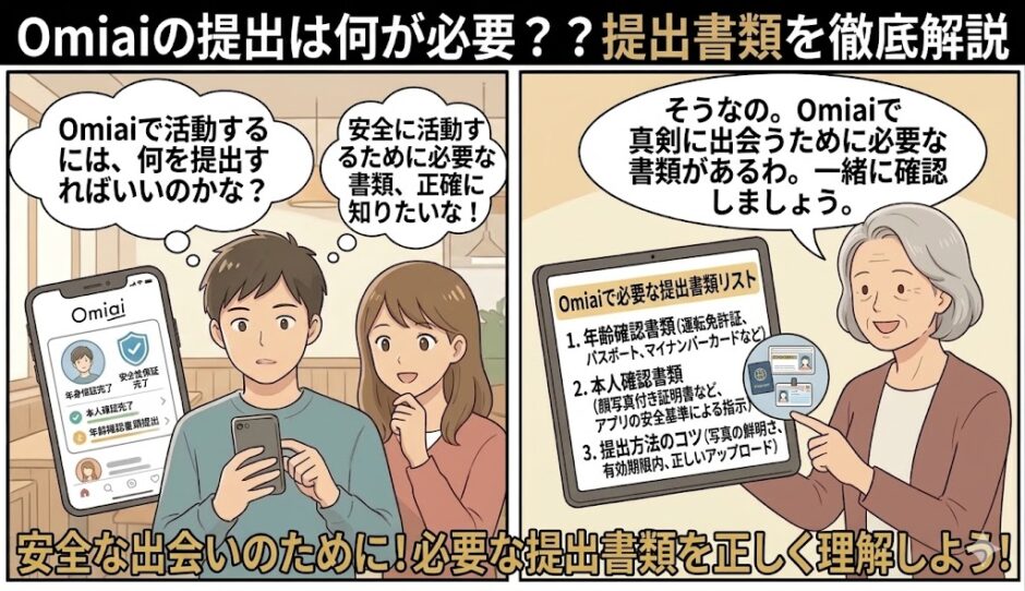 Omiaiの登録や活動に必要な提出書類（年齢確認・本人確認書類など）を分かりやすく解説した図解イラスト（AI生成イメージ）