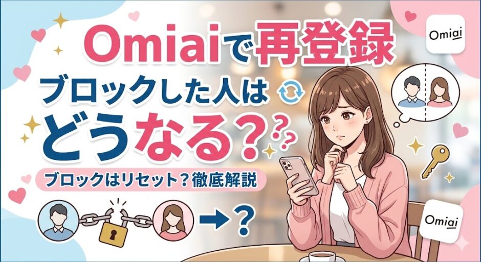 Omiaiに再登録するとブロックした人はどうなるのかを解説したアイキャッチ画像（AI生成イメージ）