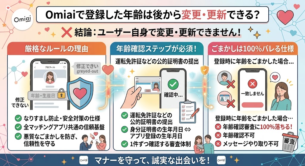 マッチングアプリOmiai(オミアイ)で登録した年齢を変更・更新できるかを解説するインフォグラフィック(AI生成イメージ)