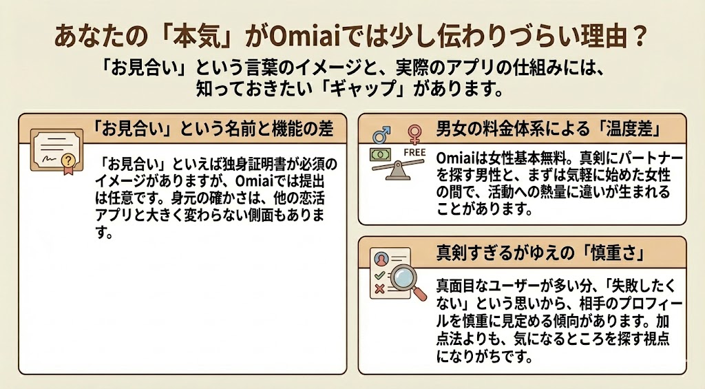 Omiaiで真剣な婚活がうまくいかない構造的な理由を図解。「お見合い」という名前と独身証明書提出が任意である機能のギャップ、男女の料金体系による熱量の温度差、真剣ゆえの慎重なプロフィール確認傾向について解説。（AI生成イメージ）