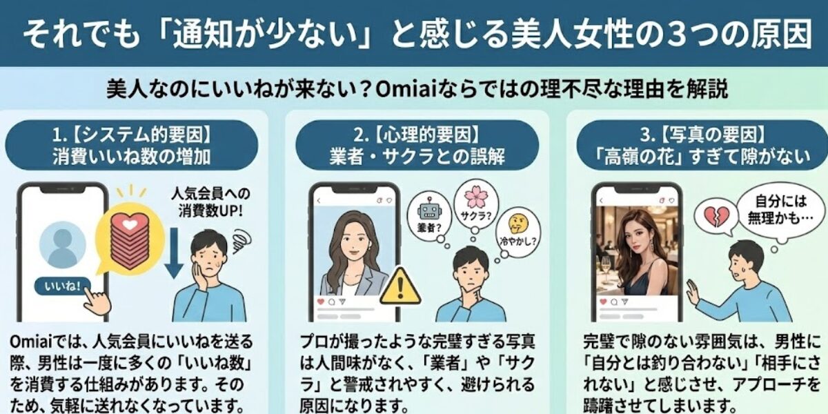 Omiaiで美人女性のいいねが少ない原因について説明した図解
