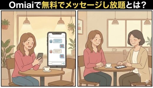 上部に「Omiaiで無料でメッセージし放題とは？」と日本語タイトルがある、2コマのクリーンなイラスト。左側のコマでは、カフェに座る若い女性が自身のスマートフォンと、メッセージのやり取りが表示された大きな浮遊するスマートフォンを笑顔で見ている。右側のコマでは、同じ女性が年配の女性とカフェテーブルでタブレットのプロフィール画面を共有している。（AI生成イメージ）