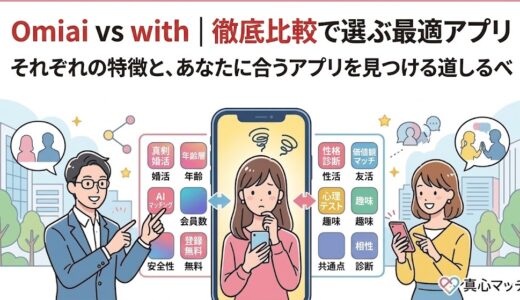 Omiaiとwithのどちらを選ぶか悩む女性を中心に、それぞれの特徴（AIマッチング、性格診断など）を比較する男性と女性を描いたイラスト。上部には「Omiai vs with | 徹底比較で選ぶ最適アプリ」のタイトル（AI生成イメージ）