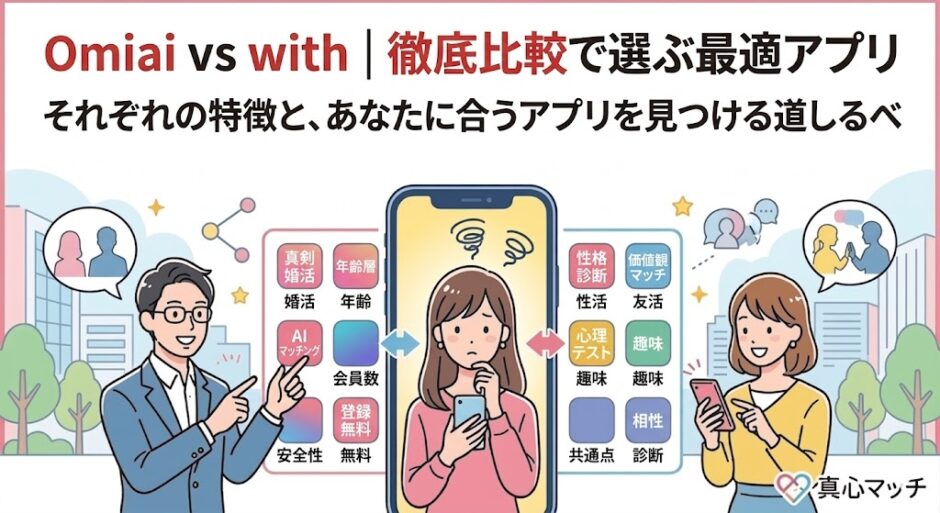 Omiaiとwithのどちらを選ぶか悩む女性を中心に、それぞれの特徴（AIマッチング、性格診断など）を比較する男性と女性を描いたイラスト。上部には「Omiai vs with | 徹底比較で選ぶ最適アプリ」のタイトル（AI生成イメージ）