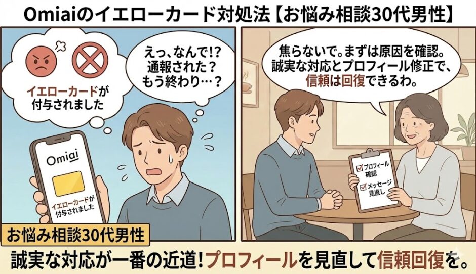 Omiaiでイエローカード（違反警告）が表示され焦る30代男性と、プロフィールの見直しを提案する相談員のイラスト【2コマ漫画アイキャッチ】（AI生成イメージ）