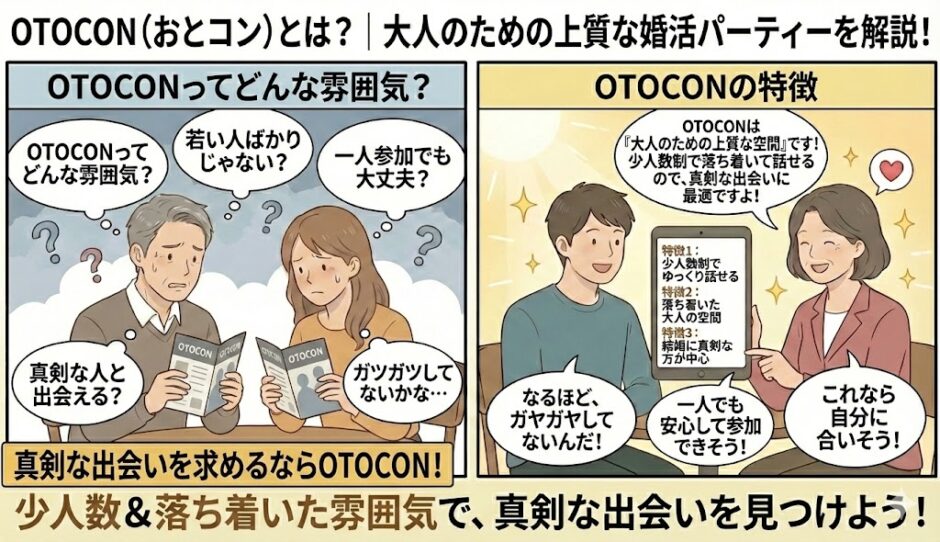 婚活パーティー「OTOCON（おとコン）」への参加を検討する男女が、「若い人ばかりでは？」「一人参加でも大丈夫？」と不安を感じている様子に対し、アドバイザーが「少人数制」「落ち着いた大人の空間」という特徴を解説し、真剣な出会いに適していることを伝えているイラスト（AI生成イメージ）