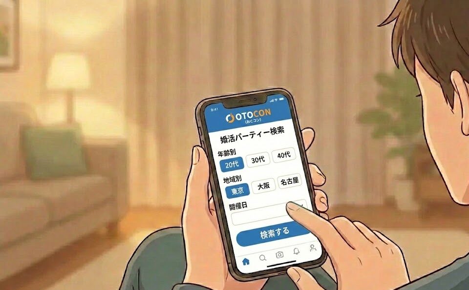 スマホで婚活パーティー「おとコン」のプロフィール画面を操作している手元のイラスト(AI生成イメージ)