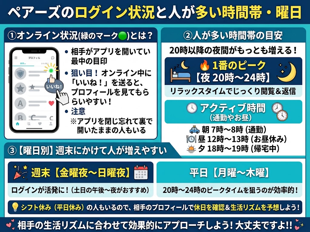 ペアーズで人が多い時間帯・曜日とログイン状況の解説画像（AI生成イメージ）