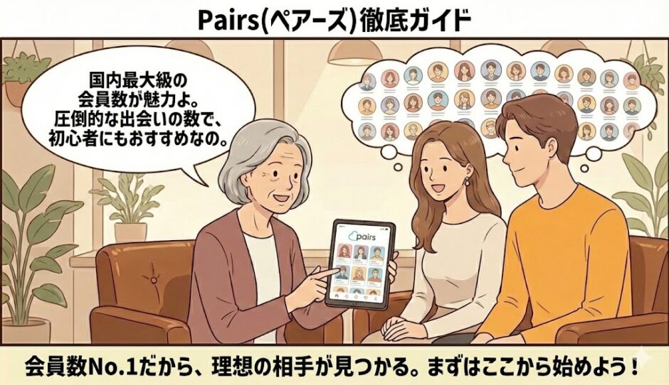 「Pairs（ペアーズ）徹底ガイド」という見出しと共に、背景に浮かぶ数多くの会員イメージで『国内No.1の会員数』を示しながら、相談員が男女にアプリを勧めているイラスト【国内最大級マッチングアプリ解説】（AI生成イメージ）