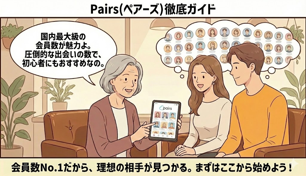「Pairs(ペアーズ)徹底ガイド」という見出しと共に、背景に浮かぶ数多くの会員イメージで『国内No.1の会員数』を示しながら、相談員が男女にアプリを勧めているイラスト【国内最大級マッチングアプリ解説】(AI生成イメージ)