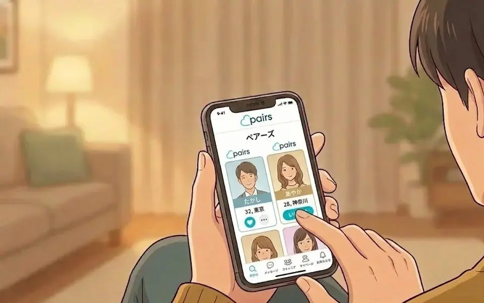 スマホでペアーズを操作している手元のイラスト（AI生成イメージ）