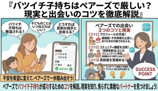 ペアーズでバツイチ子持ちが出会うコツと現実を図解したアイキャッチ画像（AI生成イメージ）