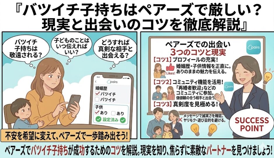 ペアーズでバツイチ子持ちが出会うコツと現実を図解したアイキャッチ画像（AI生成イメージ）