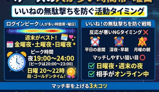 ペアーズで人が多い時間帯・曜日と、いいねの無駄撃ちを防ぐ活動タイミングの解説画像（AI生成イメージ）