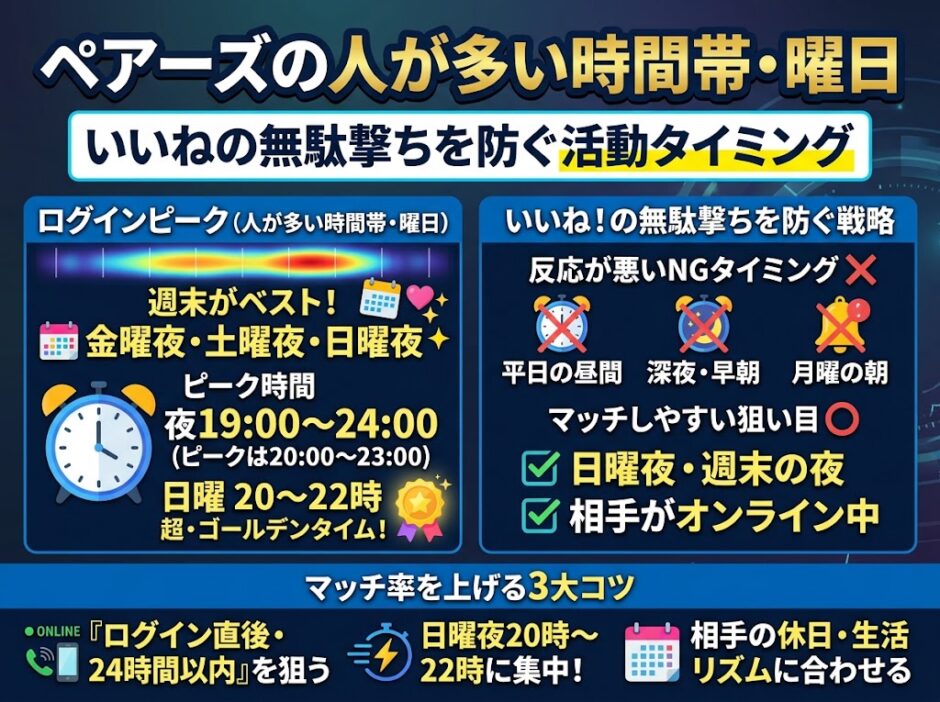 ペアーズで人が多い時間帯・曜日と、いいねの無駄撃ちを防ぐ活動タイミングの解説画像（AI生成イメージ）
