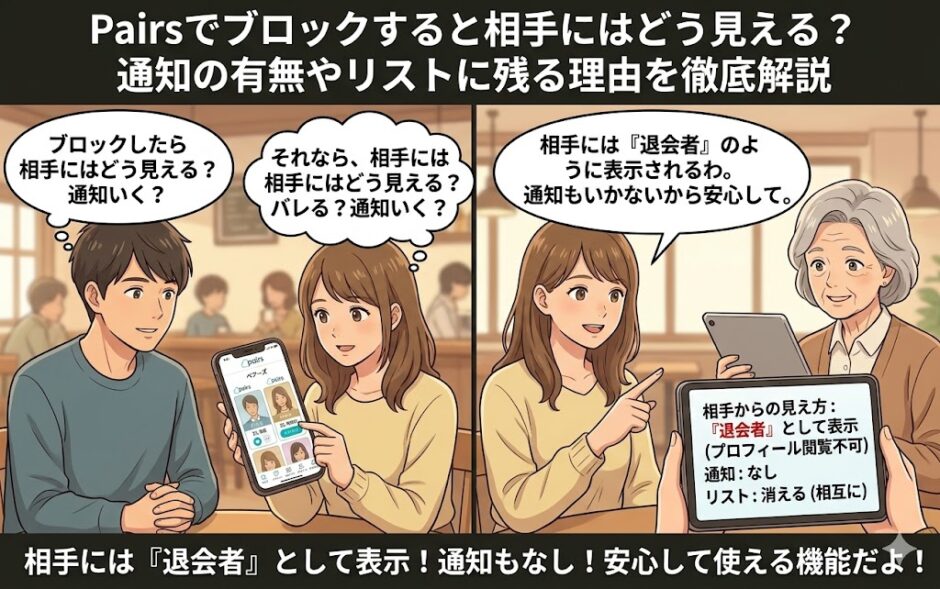 Pairs（ペアーズ）でブロックすると相手にどう見えるのか、通知の有無やリストに残る理由を解説したアイキャッチ画像（AI生成イメージ）