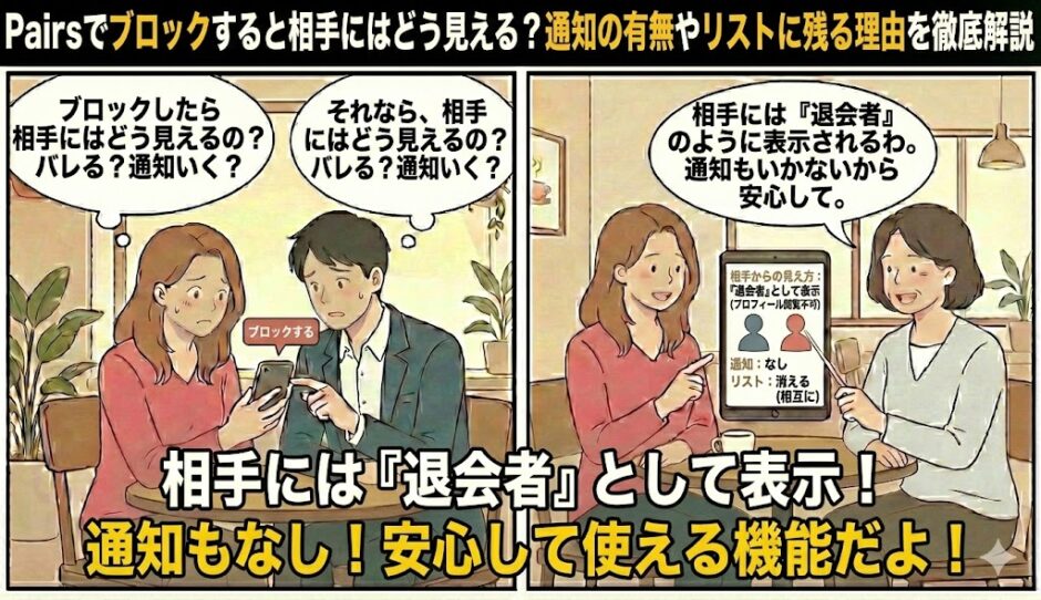 Pairs（ペアーズ）でブロックした際の相手からの見え方や通知の有無を解説したマンガ風アイキャッチ。「退会者」と表示される仕組みに安心する男女と、リストから消える理由を説明するガイド役が描かれています。（AI生成イメージ）
