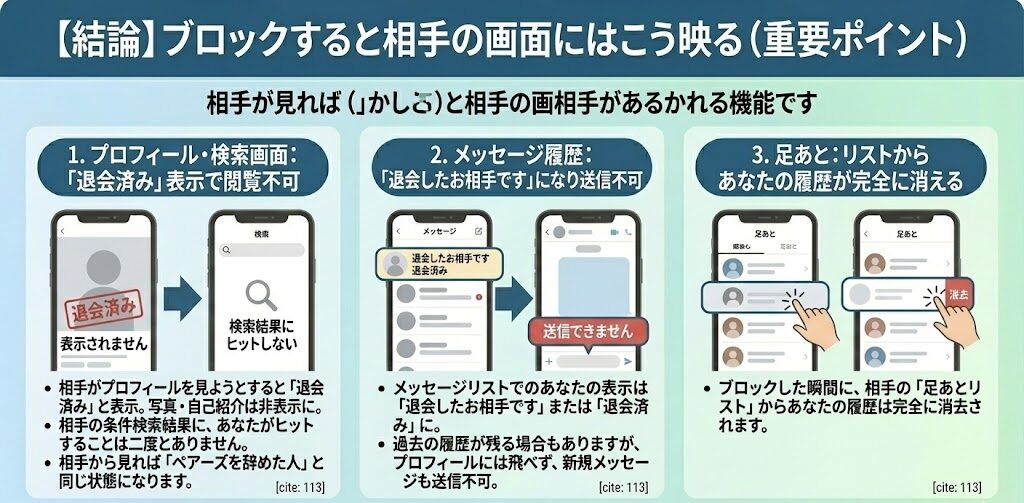 ペアーズでブロックすると相手の画面にはどう映るのかを説明した図解