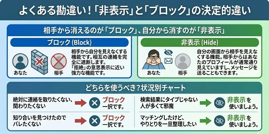 ペアーズで非表示とブロックの決定的違いを説明した図解