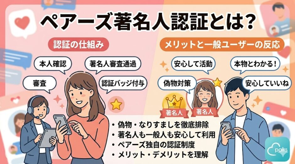 ペアーズ著名人認証とは？というタイトルの、認証の仕組みとメリットを解説したインフォグラフィック画像。審査プロセスと、著名人・一般ユーザーそれぞれの安心利用についてまとめている（AI生成イメージ）