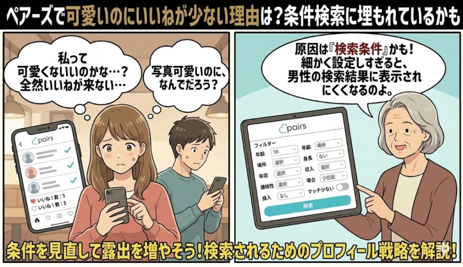 ペアーズで可愛いのに「いいね」が少ない理由は検索条件かも？露出を増やすためのプロフィール戦略を解説した図解イラスト（AI生成イメージ）