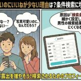 ペアーズで可愛い女性でも「いいね」が少ない原因が条件検索の仕組みにあることを、マンガ形式で分かりやすく解説したアイキャッチ（AI生成イメージ）