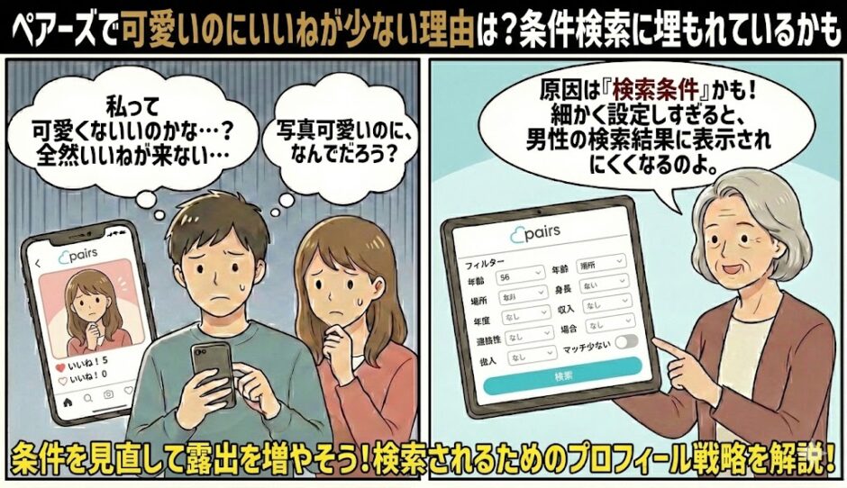 ペアーズで可愛い女性でも「いいね」が少ない原因が条件検索の仕組みにあることを、マンガ形式で分かりやすく解説したアイキャッチ（AI生成イメージ）