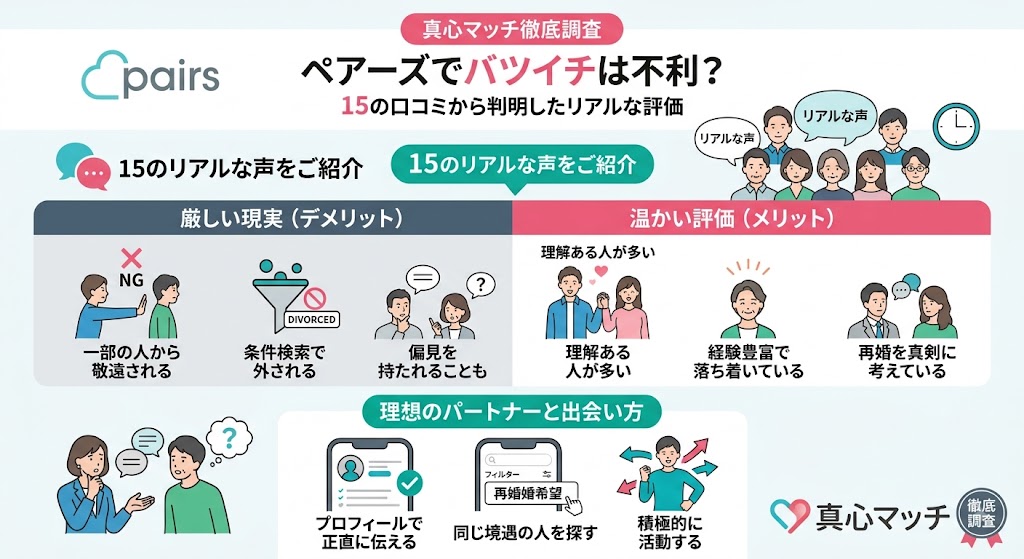 「ペアーズでバツイチは不利?」真心マッチ徹底調査のインフォグラフィック(AI生成イメージ)