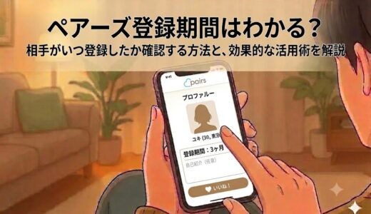 「ペアーズ登録期間はわかる？」という大タイトルと、サブタイトル「相手がいつ登録したか確認する方法と、効果的な活用術を解説」が記載されたアニメ風イラスト（AI生成イメージ）