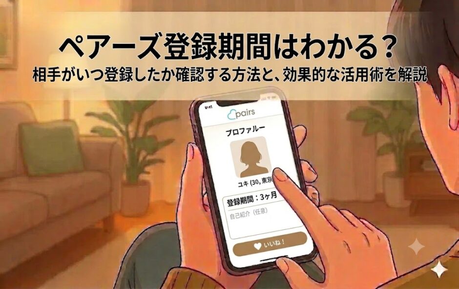 「ペアーズ登録期間はわかる？」という大タイトルと、サブタイトル「相手がいつ登録したか確認する方法と、効果的な活用術を解説」が記載されたアニメ風イラスト（AI生成イメージ）