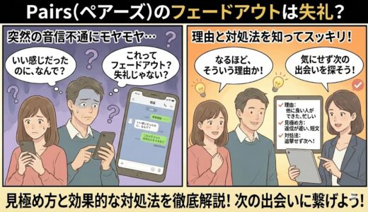 ペアーズで突然連絡が途絶えて悩む男女と、その理由や対処法を知って前向きになる様子のイラスト