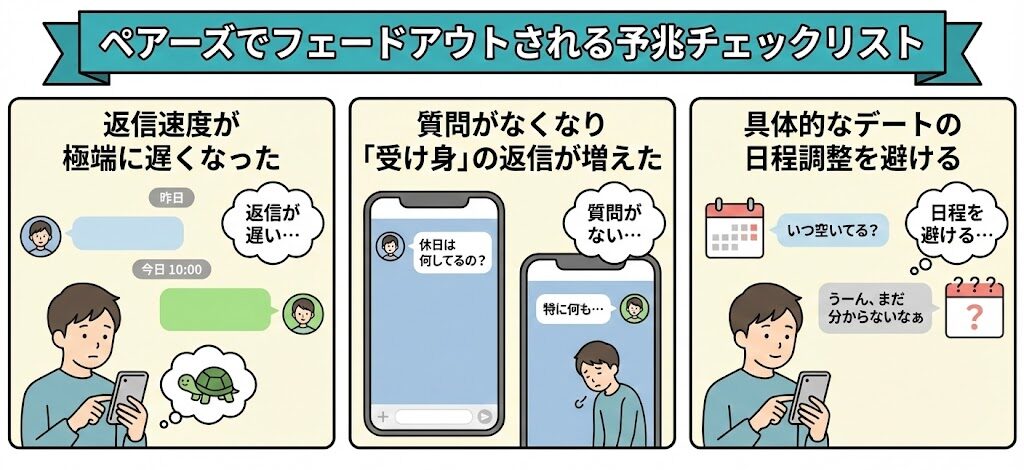 ペアーズでフェードアウトされる予兆チェックリストのイラスト。「返信速度が極端に遅くなった」「質問がなくなり『受け身』の返信が増えた」「具体的なデートの日程調整を避ける」という3つのサインを、スマホ画面やカレンダーの絵で解説したインフォグラフィック。