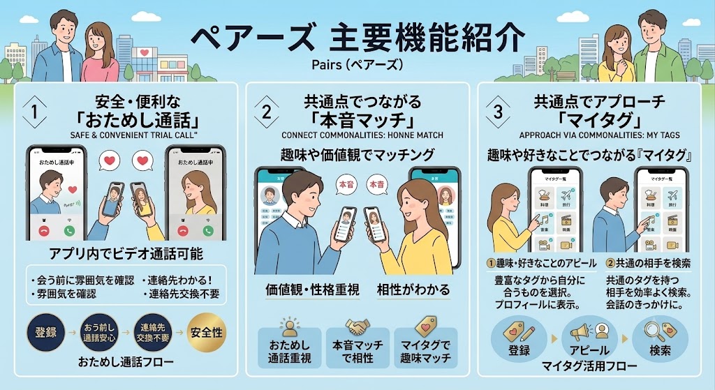 ペアーズの主要機能(おためし通話・本音マッチ・マイタグ)の図解(AI生成イメージ)