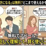 ペアーズの「きになる」機能が無料でどこまで使えるかを解説したマンガ風アイキャッチ。男女が料金について疑問を持ち、ガイド役が無料でアピールできる範囲を説明している様子。（AI生成イメージ）