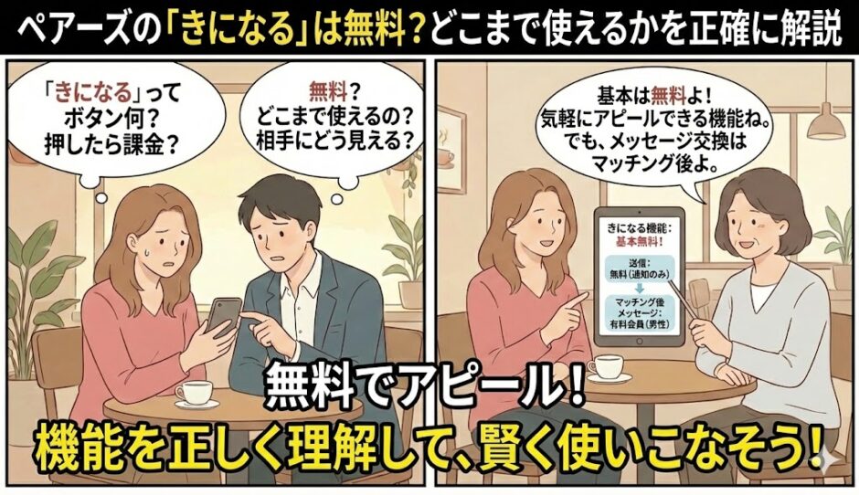 ペアーズの「きになる」機能が無料でどこまで使えるかを解説したマンガ風アイキャッチ。男女が料金について疑問を持ち、ガイド役が無料でアピールできる範囲を説明している様子。（AI生成イメージ）