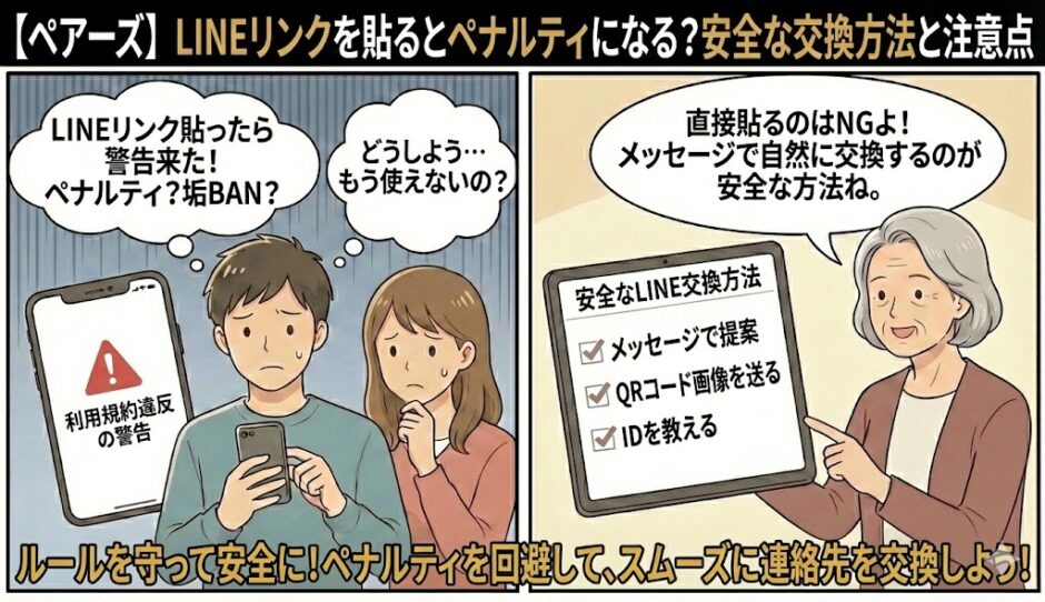 ペアーズでLINEリンクを貼るリスクと、ペナルティを避けて安全に連絡先を交換する方法を解説したマンガ風アイキャッチ（AI生成イメージ）